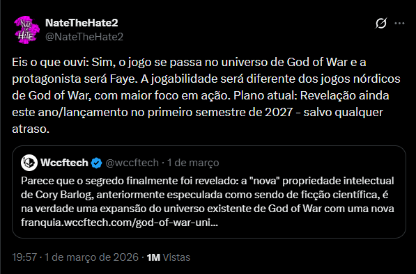 Sim, o jogo se passa no universo de God of War e a protagonista será Faye. A jogabilidade será diferente dos jogos nórdicos de God of War, com maior foco em ação. Plano atual: Revelação ainda este ano/lançamento no primeiro semestre de 2027 - salvo qualquer atraso.